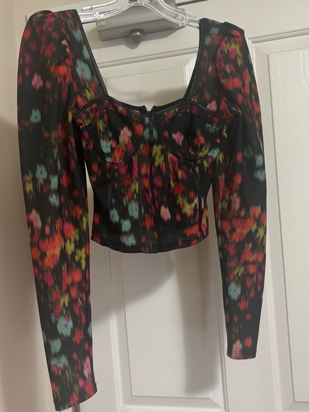 Guess Black Floral-Splatter Corset Crop Top